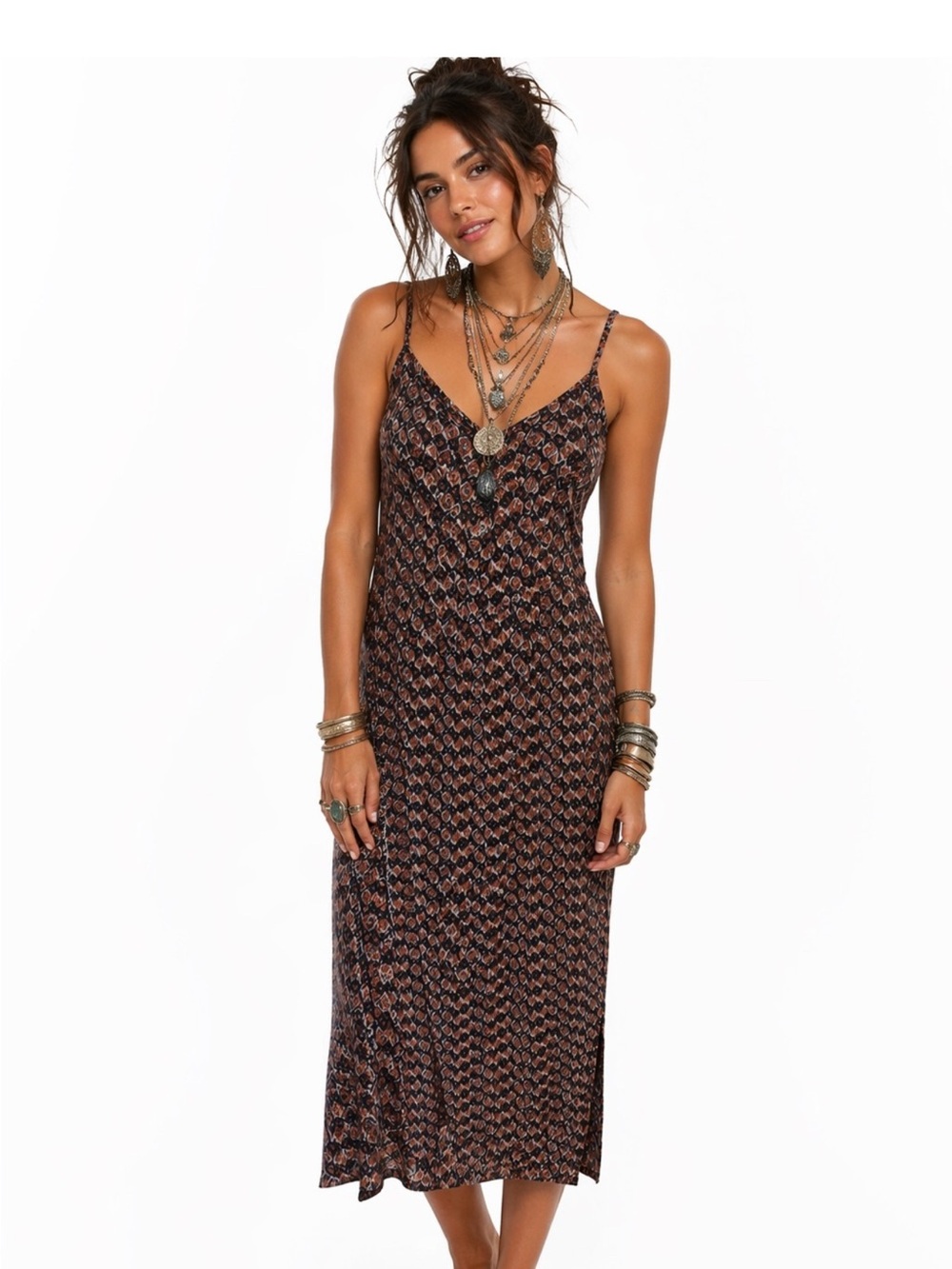 Zara Brown Printed Slip Midi Dress